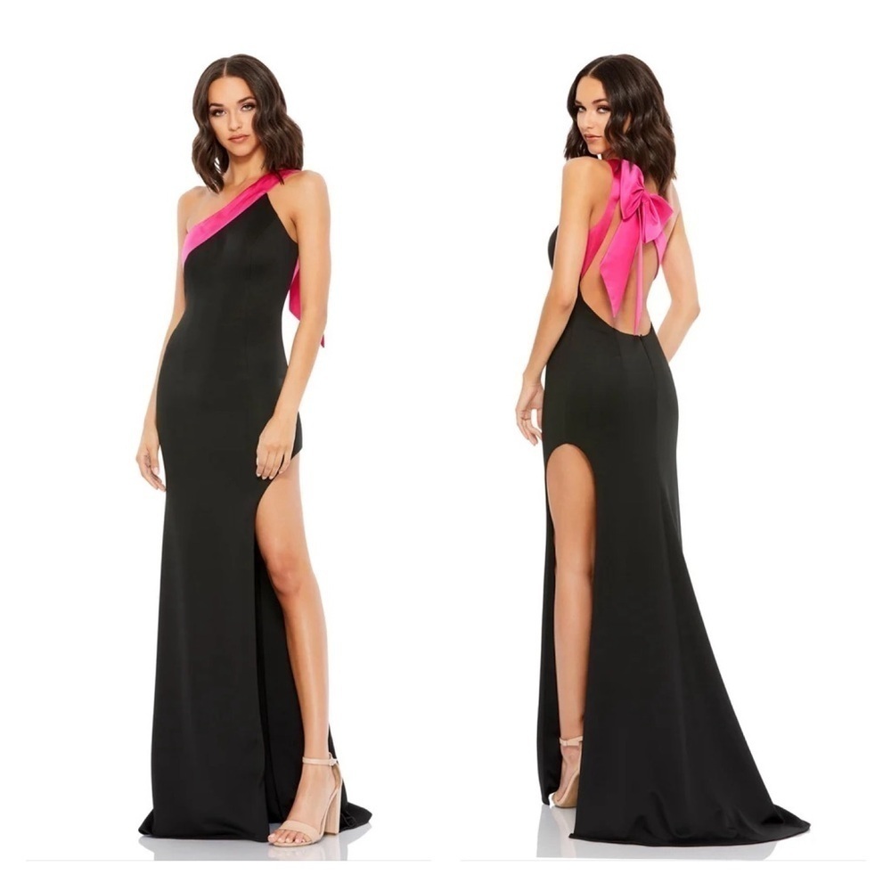 Max Duggal 49444 One Shoulder Bow Gown in Black and Fuschia